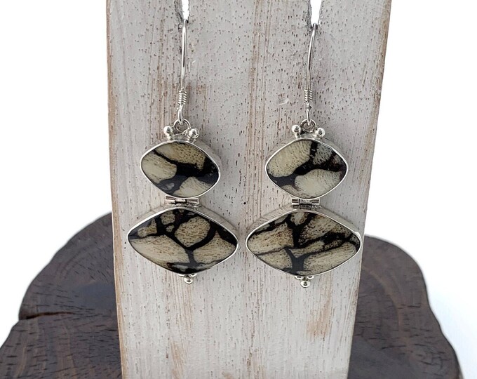 Zebra Striped Coral Earrings, Marquise Shaped Earring,Silver Earrings, Sterling Silver 925, Earth Tone Jewellery,Brown Earrings