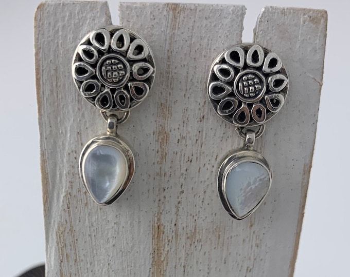 Tear Drop Mother of Pearl Stud and Dangle Earring, Sterling Silver 925, Intricate Silver