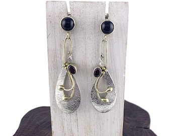 Gold Vermeil 18k Earrings, Garnet and Onyx Stone , Vintage Dangle Stud Earrings, Gold and Silver Jewellery, Vermeil Earrings