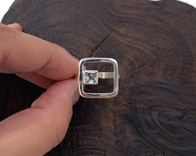 Blue Topaz Square Ring,Geometric Ring, Blue Topaz Silver Ring, Minimalist Square Ring, Square in Square Ring, Sterling Silver Ring