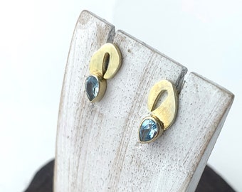Gold Vermeil 18 k Earrings, Blue Topaz Stud Earrings, Gold and Silver Jewellery, Vermeil Earrings,Gold Earrings