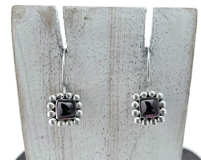 Garnet Red Earrings: Square Garnet Cabochon, Sterling Silver, Silver Garnet Earrings, Garnet Drop Earrings,Silver Garnet Dangle