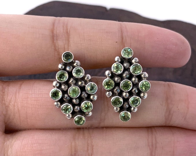 Silver Peridot Earrings,Faceted Peridot Stone, Rhombus Shape Stud, Sterling Silver 925, Green Earrings, Glamour Earrings