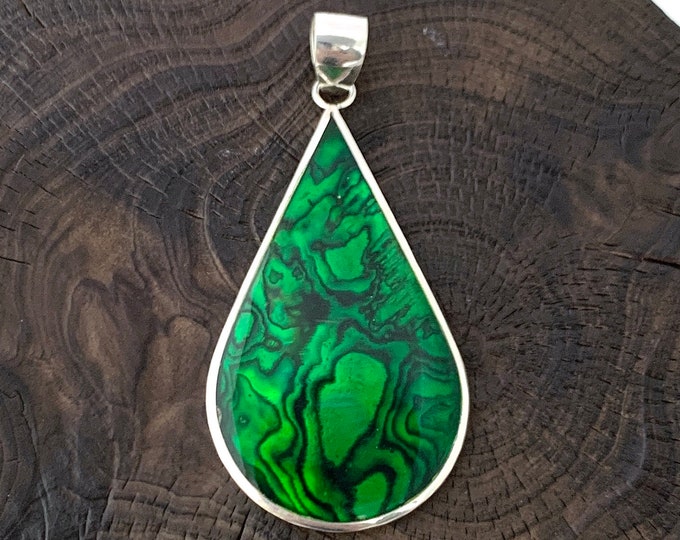 Green Shell Pendant,  Green Tinted Abalone, Teardrop  Pendant, Sterling Silver 925, Classic Design, Clean Look