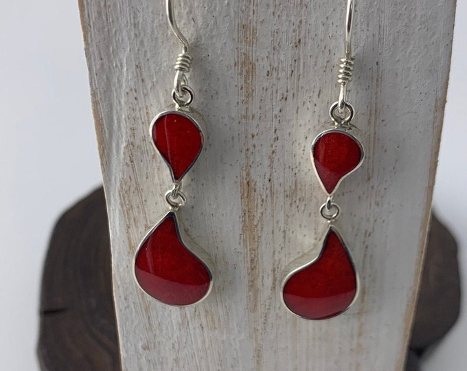 Red Coral Earrings, Whimsical Red Coral, Raindrop Earrings, Sterling Silver, Red Coral Jewellery,Red Earrings