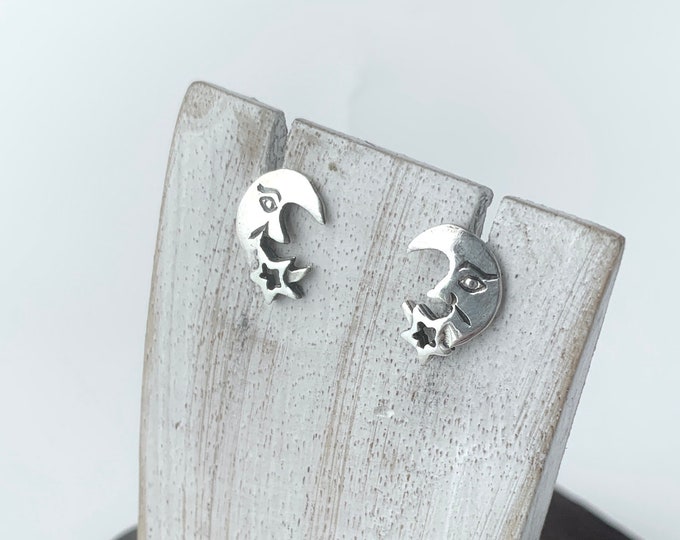 Crescent  Stud, Crescent Moon  Earrings, Moon and Star, Sterling Silver Stud Earrings, Celestial Earrings