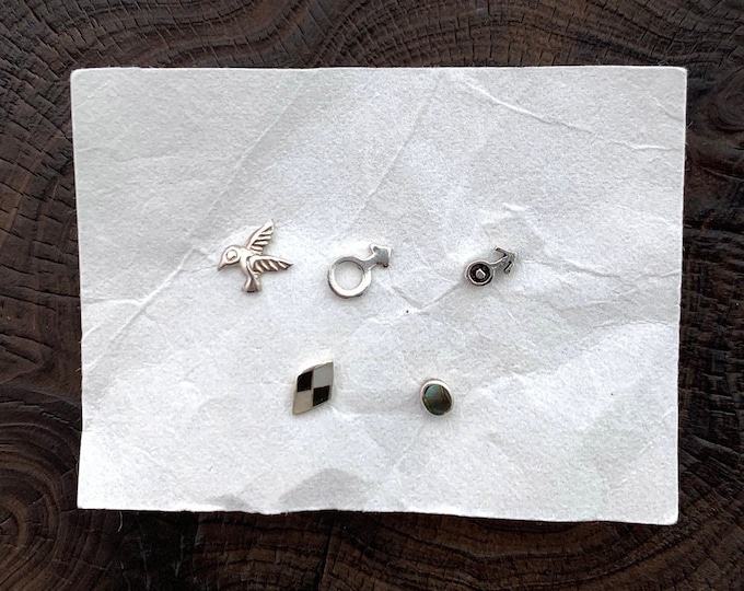 Bird, Male Symbol,Black and White Rhombus,Arrow Stud,Oval Abalone, 5 studs total minimal jewelry