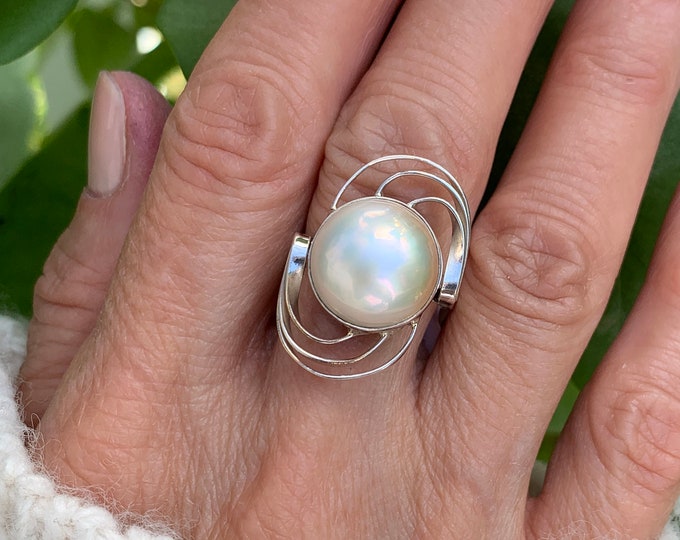 Silver White Mabe Pearl Ring, Mabe Pearl Ring, Natural Mabe Pearl, June Birthstone, White Pearl Ring, Solid Silver Ring