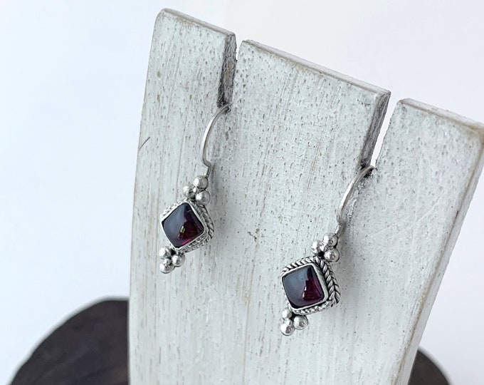 Dainty Garnet Cabochon,Garnet Drop Earrings,Ethnic Look Earrings, Garnet Earring, Silver Garnet earring