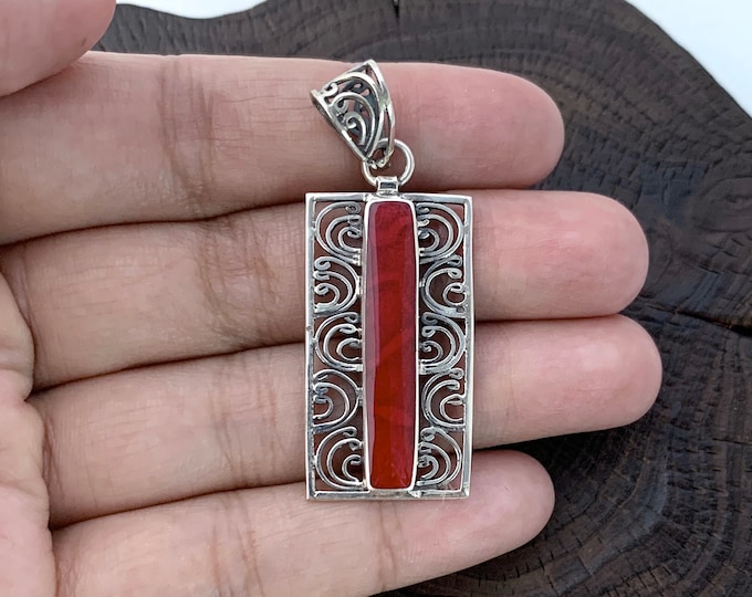 Red Coral Pendant, Stunning Rectangular Pendant, Red Coral Pendant, Silver Decorative Pendant, Frame Pendant, Everyday Necklace