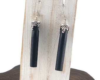 Black Lava Rock Long Tube Earrings, Lava Stone Earrings, Natural stone, Elegant Earrings, Sterling Silver Lava