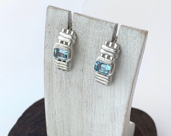 Blue Topaz Stud Earrings, Rectangle Faceted Blue Topaz, Blue Stone Earrings, Birthstone, Blue Topaz Studs,Blue Topaz Post