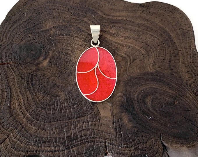 Red Coral Oval Pendant, Solid Silver 925, Oval Red Coral Necklace, Red Jewellery,Red Pendant