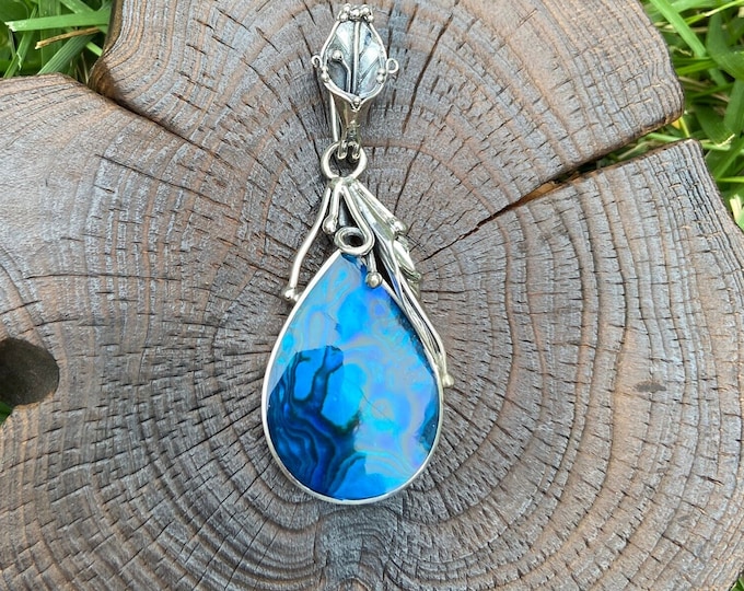 Sterling Silver Pendant,Blue Paua Shell Pendant,Blue Shell Pendant, Blue Pendant, Blue Teardrop Pendant,Blue Necklace