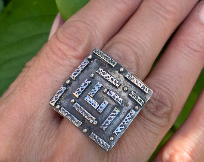 Square Maze Ring, Adjustable Silver Ring, Oxidized Silver Ring, Geometric, Handmade, Solid Silver Ring