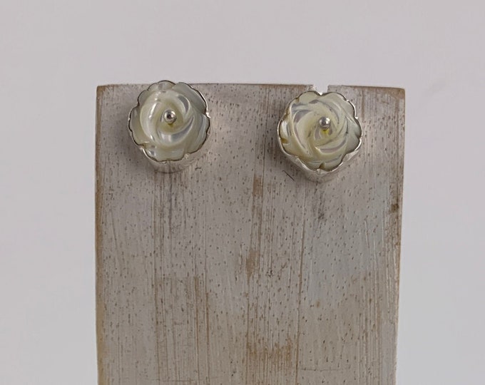 Mother of Pearl Flower Stud Earring, Sterling Silver 925 White Shell, Rose Studs, White Rose Earrings,Flower Post