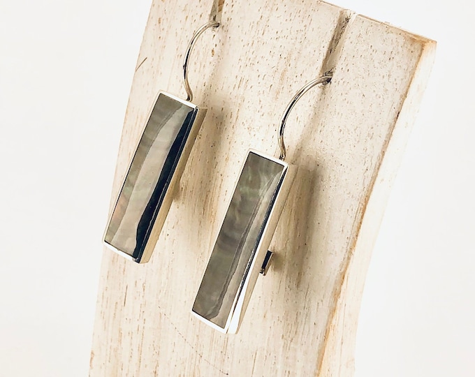 Shell Earrings, Rectangular Green Shell, Sterling Silver Earrings, Geometric, Long Rectangle Earrings