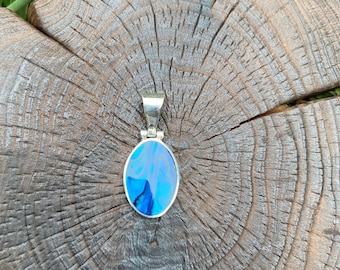 Sterling Silver Blue Paua Shell Pendant,Blue Pendant, Blue Shell Necklace, Minimalist Pendant, Blue Oval Pendant,