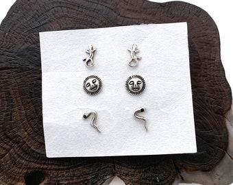 Celestial Sun Studs, Snake Studs, Sterling Silver Stud, Lizard Studs, Minimal Jewelry, 3 Three Pairs of Assorted Studs