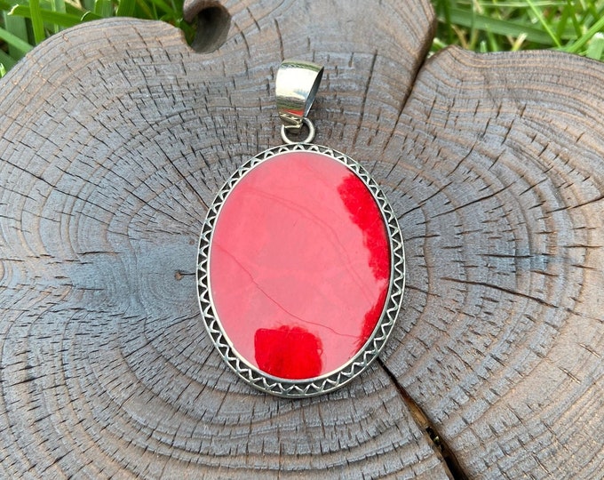 Sterling Silver Oval Pendant, Red Coral Necklace,Coral Pendant,Solid Silver Coral Pendant,Red Jewellery,Oval Pendant