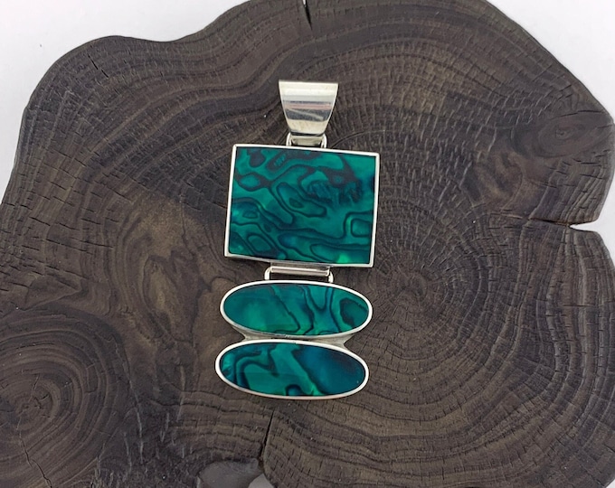 Green Abalone Pendant,Green Tinted Shell, Stunning Green Shell, Green Necklace,Rectangle Pendant with Ovals, Silver 925