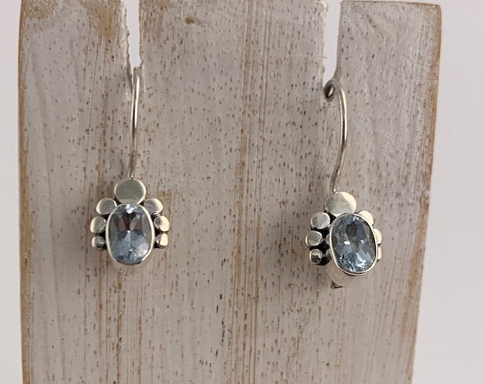 Oval Blue Topaz  Earrings,Faceted Blue Topaz, Dangle Sterling Silver , Tiny Earrings, Drop Earrings, Dainty Earrings, Minimalist  Earring