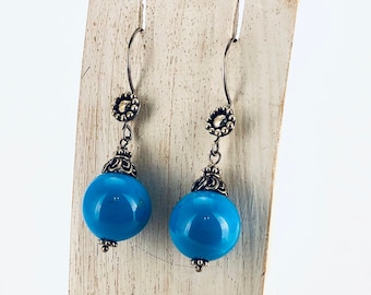 Round Reconstructed Turquoise, Sterling Silver Earrings, Ball Earrings, Sphere Earrings, Round Dangle Earring,Blue Earrings
