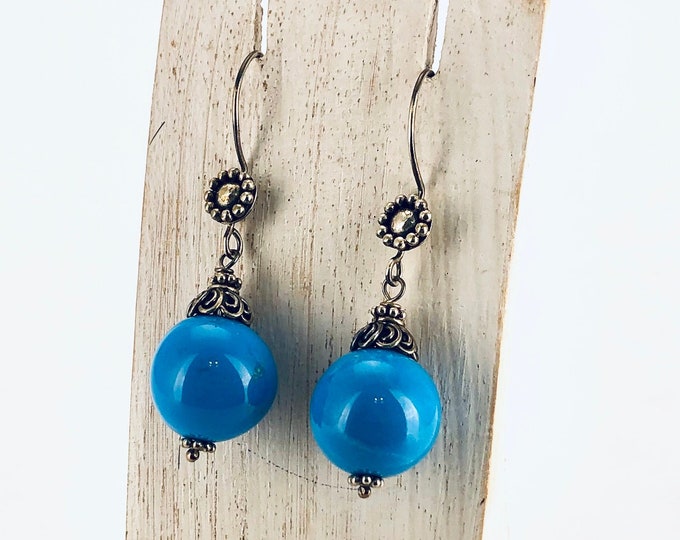 Round Reconstructed Turquoise, Sterling Silver Earrings, Ball Earrings, Sphere Earrings, Round Dangle Earring,Blue Earrings