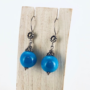 Round Reconstructed Turquoise, Sterling Silver Earrings, Ball Earrings, Sphere Earrings, Round Dangle Earring,Blue Earrings