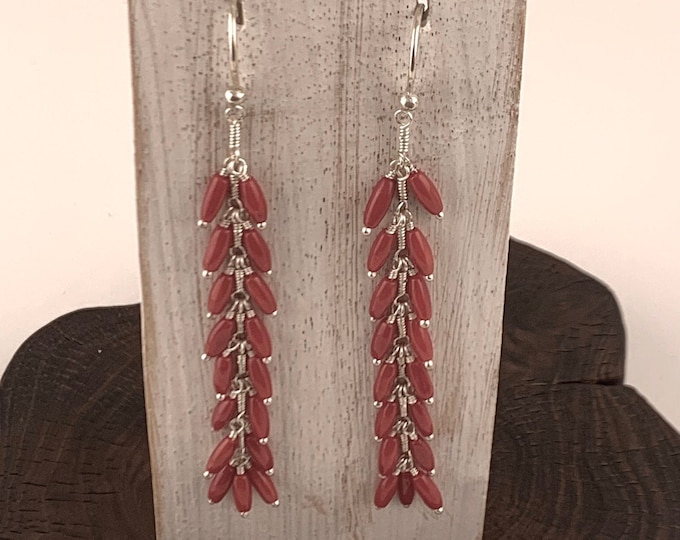 Red Coral Earrings, Long Dangle Coral Earrings, Coral Jewelry, Red Earring, Silver 925, Sterling Silver Earrings