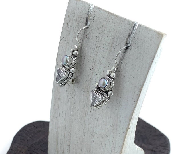 Cubic Zirconia Earrings, Grey Pearl & Zirconia Earrings, Dangling Sterling Silver, Drop Earrings,Triangle Earring