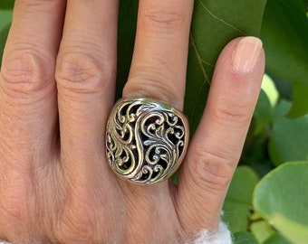 Stunning Silver Ring, Round Sterling Silver Ring, Hollow Ring with Swirl Pattern,Chunky Silver Ring, Silver925