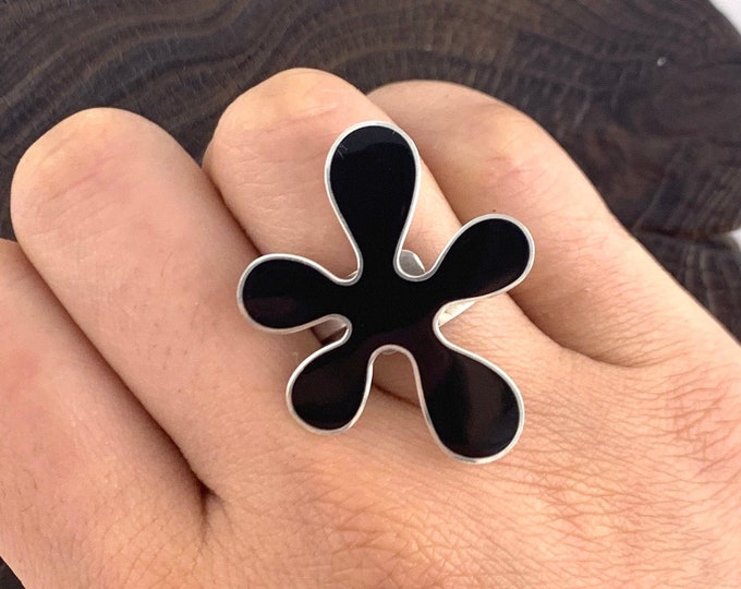 Retro,'60's Black Shell,  Silver Paint Splatter Ring , Sterling Silver 925, Fun Ring, Adjustable Ring