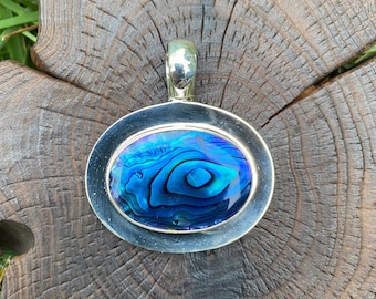 Sterling silver Oval Pendant, Blue Oval Pendant,Solid Silver,Blue Oval Pendant,Paua Shell Necklace,Horizontal Oval Pendant,Minimalist
