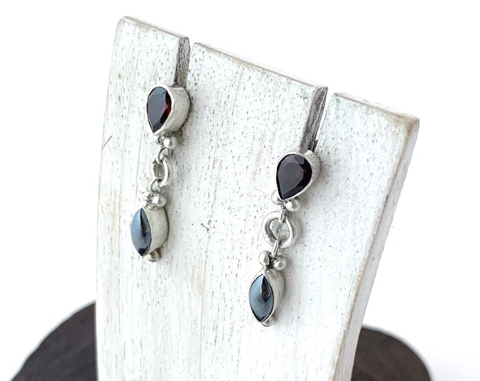 Hematite Earrings, Faceted Garnet and Hematite, Sterling Silver Stud Earrings, Silver Hematite, Grey Gemstone, Silver Garnet