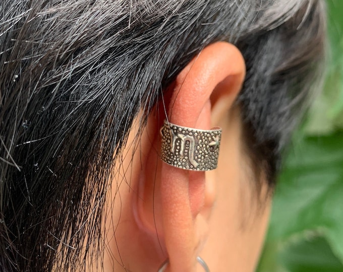 Silver Ear Cuff, Shiny Sterling Silver Ear Cuff,Ear Cuff Wrap, Zodiac Scorpio Design, Star, No Piercing.