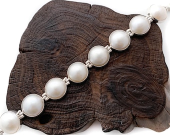 White Pearl Bracelet, Silver Mabe Pearl, Sterling Silver Pearl Bracelet, Silver Round Pearl Bracelets, Minimalist Round Bracelet