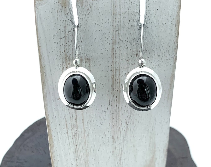 Cat's Eye Earrings, Sterling Silver Cat Eye, Dangling Cat's Eye Earrings, Black Oval Earring, Hook Backing, Cat's Eye Jewellery