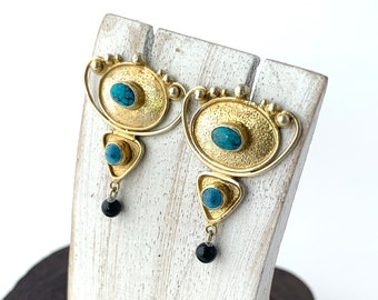 Gold Vermeil 18k Earrings, Turquoise Onyx Stud Earrings, Brush Gold and Silver Jewellery, Vermeil Earrings, Vintage Stunning Earrings