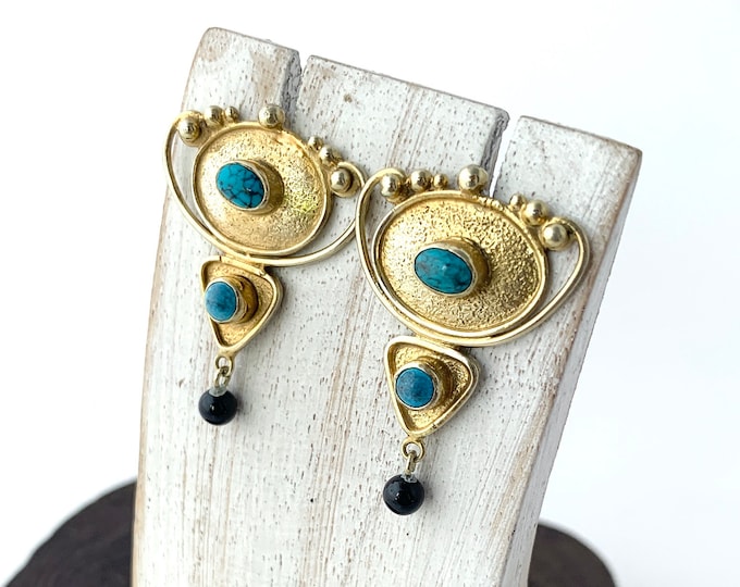 Gold Vermeil 18k Earrings, Turquoise Onyx Stud Earrings, Brush Gold and Silver Jewellery, Vermeil Earrings, Vintage Stunning Earrings