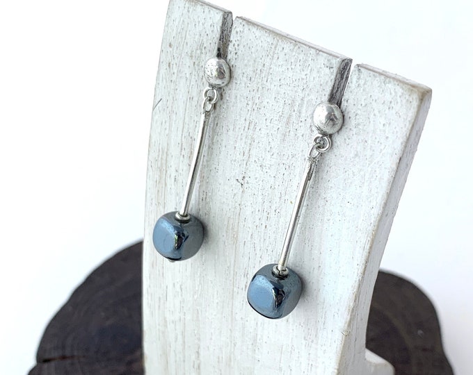 Hematite Stud, Sterling Silver Stud Dangle Earrings, Hematite Earrings, Grey Dangle Earring