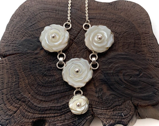 Silver White Flower Necklace, Sterling Silver, White Rose Necklace, Spring Floral Necklace, Flower Lover, Mothers Day, Sterling Silver