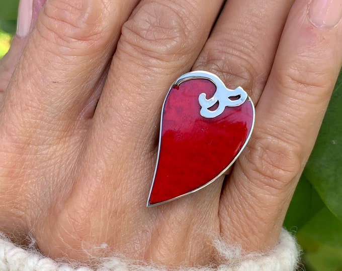 Red Coral Heart Ring, Heart Ring,Sterling Silver 925, Red Heart Ring, Valentine's Day Gift