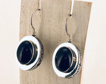 Onyx Earring, Large Oval Black Onyx ,Black Earrings, Sterling Silver Earrings, Chunky Onyx Earrings