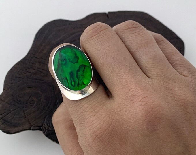 Green Tinted Abalone Shell Ring, Adjustable Oval Ring, Sterling Silver Ring, Green Ring,Green Shell Ring