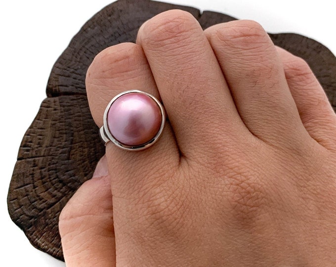 Silver Pink Pearl Ring, Silver Dyed Pink Mabe Pearl Ring, Pink Mabe Pearl Ring, Mabe Pearl, Pink Pearl Ring, Solid Silver,