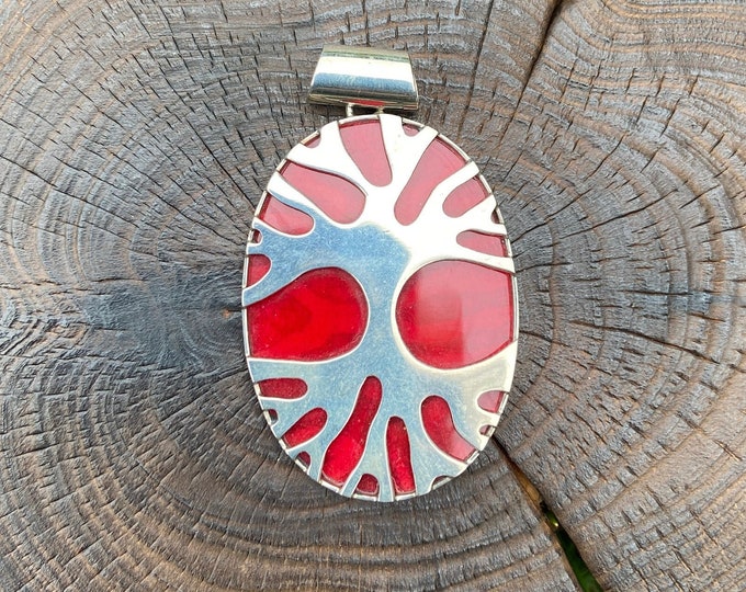 Sterling Silver Pendant, Red Coral Pendant,Tree of Life Pendant,2 Side Pendant,Coral Tree of Life