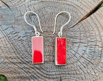 Silver Coral Earrings,Red Coral Earrings,Solid Silver Coral Earrings,Rectangle Coral earrings,Minimalist Red Earrings