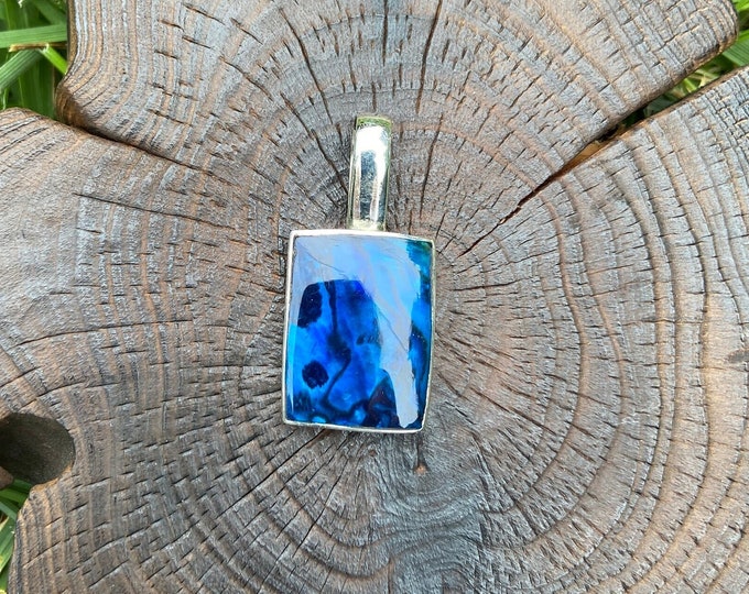 Silver Blue Shell Pendant,Rectangle Blue Shell,Minimalist Pendant,Solid Silver Pendant, Paua Shell Pendant,Blue Pendant