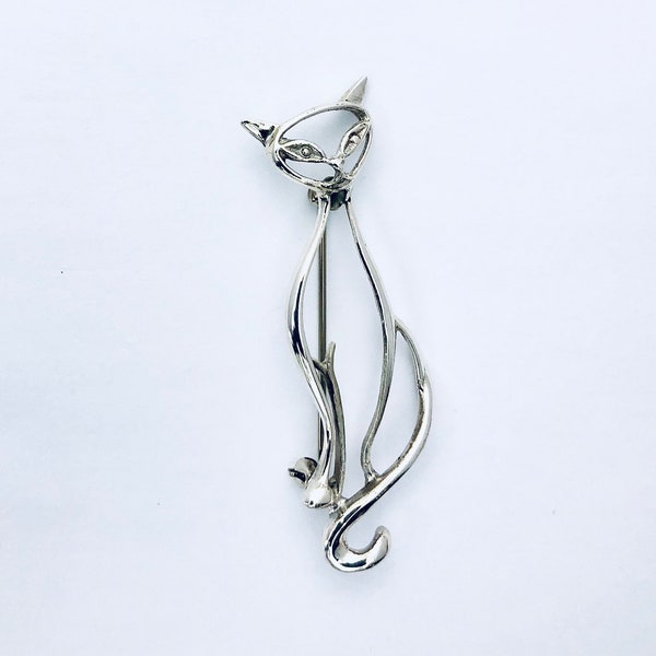 Silver Cat Brooch, Sterling Silver Cat Brooch, Silver Cat Pin, Long Slim Cat Pin, Cat Brooch, Cat lover,Modern Cat